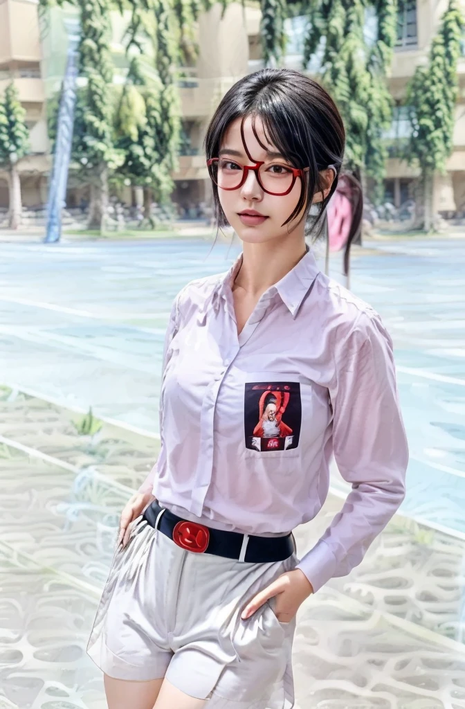 4K delicate facial features, 18 year old girl, Uchiha Sarada, anime character transformed into a realistic character, with detailed, beautiful and cute face, red filtered eyes, black hair, short hairstyle, bangs sweeping to the left, wearing a ninja head tie from konoha , expression
thin sweet smile, thin cheeks, sharp chin, red glasses, tentom shirt design, livis shorts, perfect model, large/medium breasts, free style, high resolution, detailed illustrations, very realistic background, white glowing skin, very detailed face perfect , photos short HDR/UHD ,the detail of the red glasses is perfect very detail ornament 