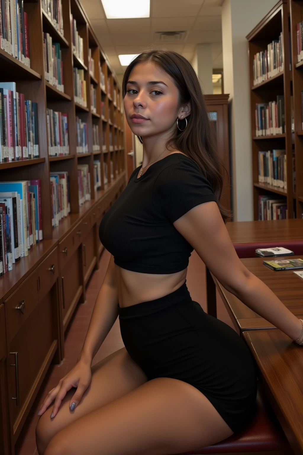 best quality, masterpiece, photo realistic, 8k, 4k, extreme res, ultra high, looking_at_viewer,hourglass figure, thin body, skinny body, petite_body, big milkers, thick thighs, long fingernails, tight crop top, school skirt, hoop earrings, slty)), slim hips, massive cleavaga, in school library 18 year old
