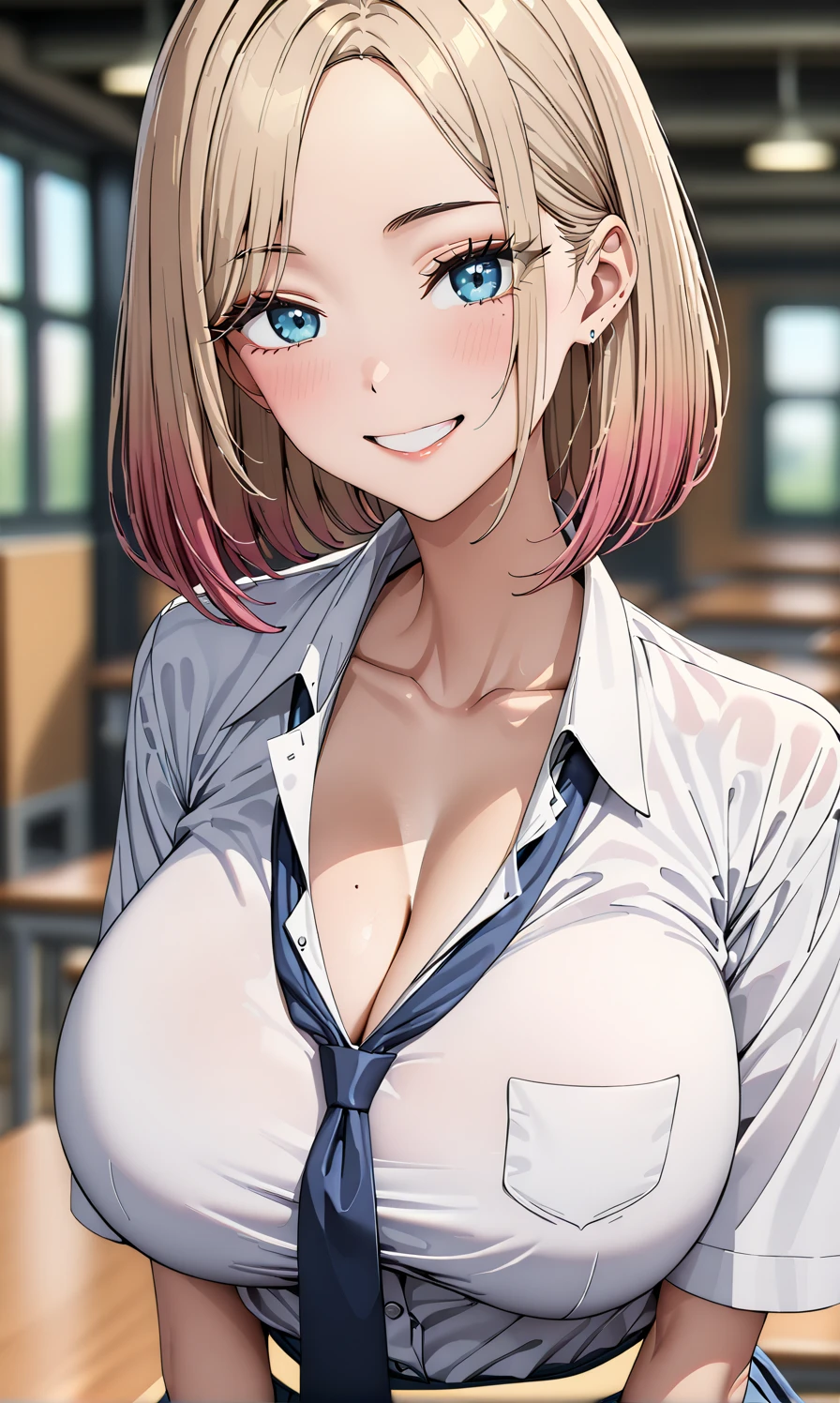 masterpiece, best quality, high quality, detailed, ultra detailed, hyper detailed, exquisite, insanely detailed, beautiful, FHD, Full-HD, 4K, 8k, 16k, highres, absurdres, ((1 woman:1.4, female)), ((big breast)), (thin khaki hair:1.4), (pastel hair), red hair, (short hair:1.2), gradient hair, head tilt, ((bob cut, midium hair:1.2)), ((school uniform, tie)), looking at viewer, ((shoulder-length hair)), (aquamarin eyes, eyes wide open), voluptuous, improve, smile, ((forehead)), cleavage