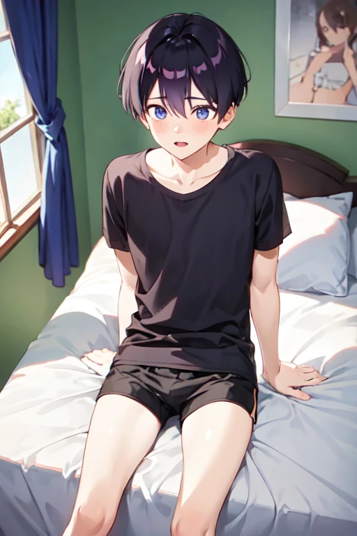 
１５age　 one boy with w　 in underwear　Black shorts　 bed　　