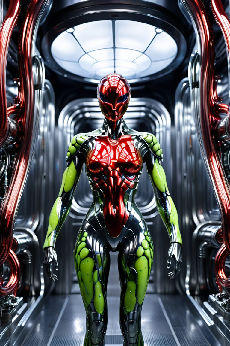 3D Rendering、Toy、Full body image、Asymmetric、Action Figures、1/6 Scale、12 inch size、Bad guy、artificial human world、(((The whole body is asymmetrical)))、The right half of the body is mechanical、Steampunk Style、Some parts glow in neon colors、(((The left side of the body is a creepy body with arteries and veins protruding)))、Unclean and unpleasant skin、Scary look、(((Full body image)))