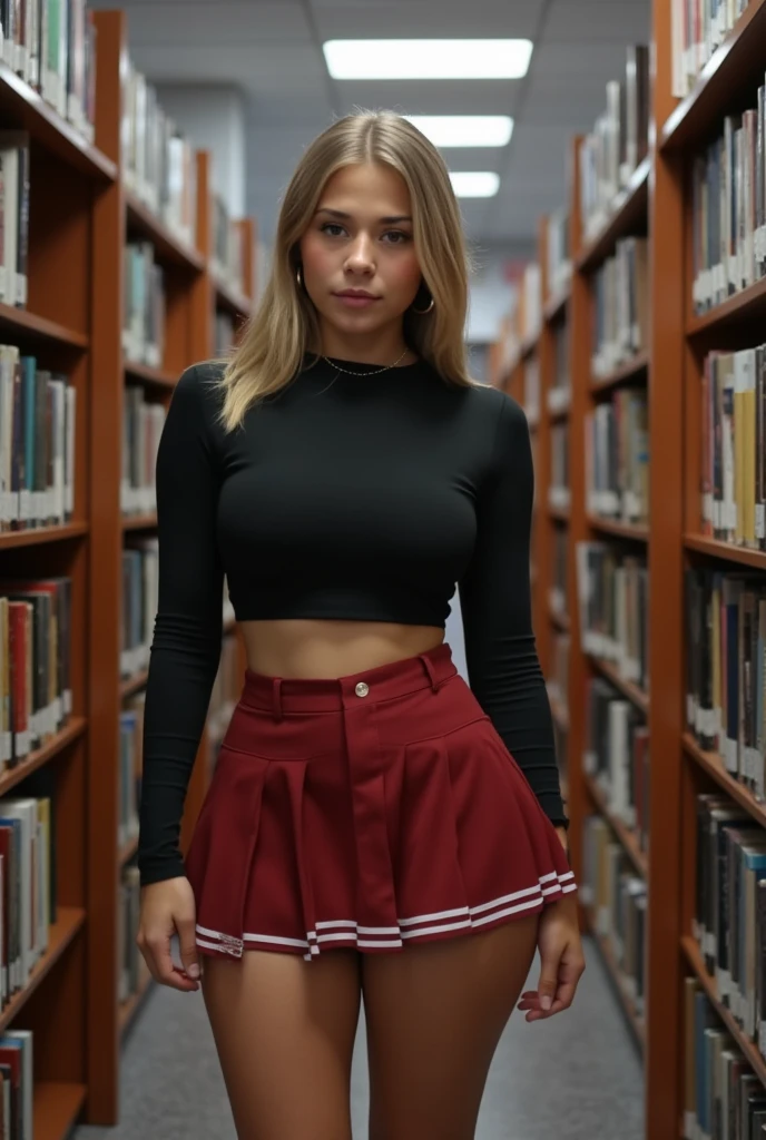 best quality, masterpiece, photo realistic, 8k, 4k, extreme res, ultra high, looking_at_viewer,hourglass figure, thin body, skinny body, petite_body, big milkers, thick thighs, long fingernails, tight crop top, school skirt, hoop earrings, slty)), slim hips, massive cleavaga, in school library 18 year old
