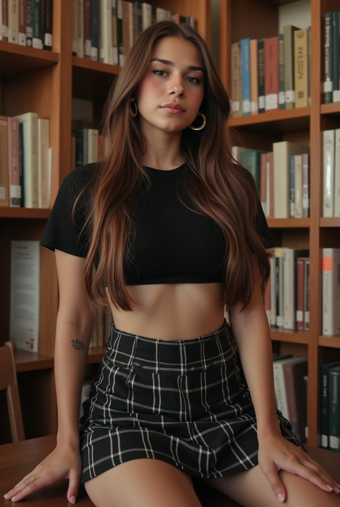 best quality, masterpiece, photo realistic, 8k, 4k, extreme res, ultra high, looking_at_viewer,hourglass figure, thin body, skinny body, petite_body, big milkers, thick thighs, long fingernails, tight crop top, school skirt, hoop earrings, slty)), slim hips, massive cleavaga, in school library 18 year old
