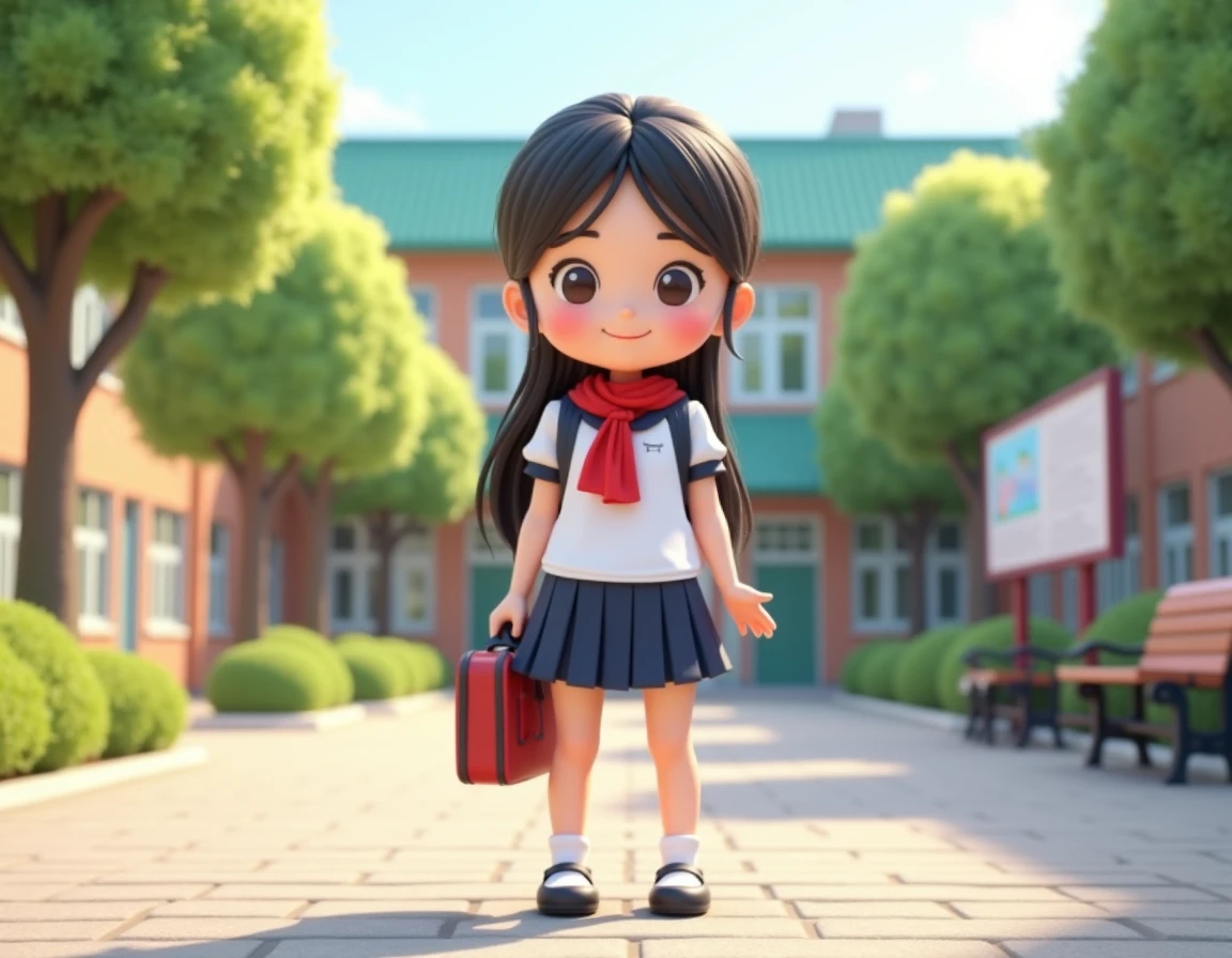 The little student wears a red uniform and a gray skirt, carrying a backpack.