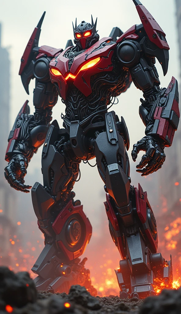 In the heart of the battlefield stands a terrifying hybrid: a Spider-Man and Transformer fusion. Its body is a blend of sleek, webbed armor and towering mechanical parts. The head is a mix of Spider-Man’s mask and the Transformer’s robotic face, glowing with intense, fiery eyes.  

The hybrid’s arms are a perfect combination of Spider-Man’s agility and the Transformer’s powerful, weaponized limbs. One arm is web-slinging, while the other is equipped with massive cannon blasters. Its legs are a combination of flexible, webbed muscle and mechanical treads, allowing it to move swiftly while crushing the earth beneath it. As it swings and stomps through the chaos, its webbing shoots out, entangling enemies, while blasts of energy from its mechanical parts light up the surrounding destruction.