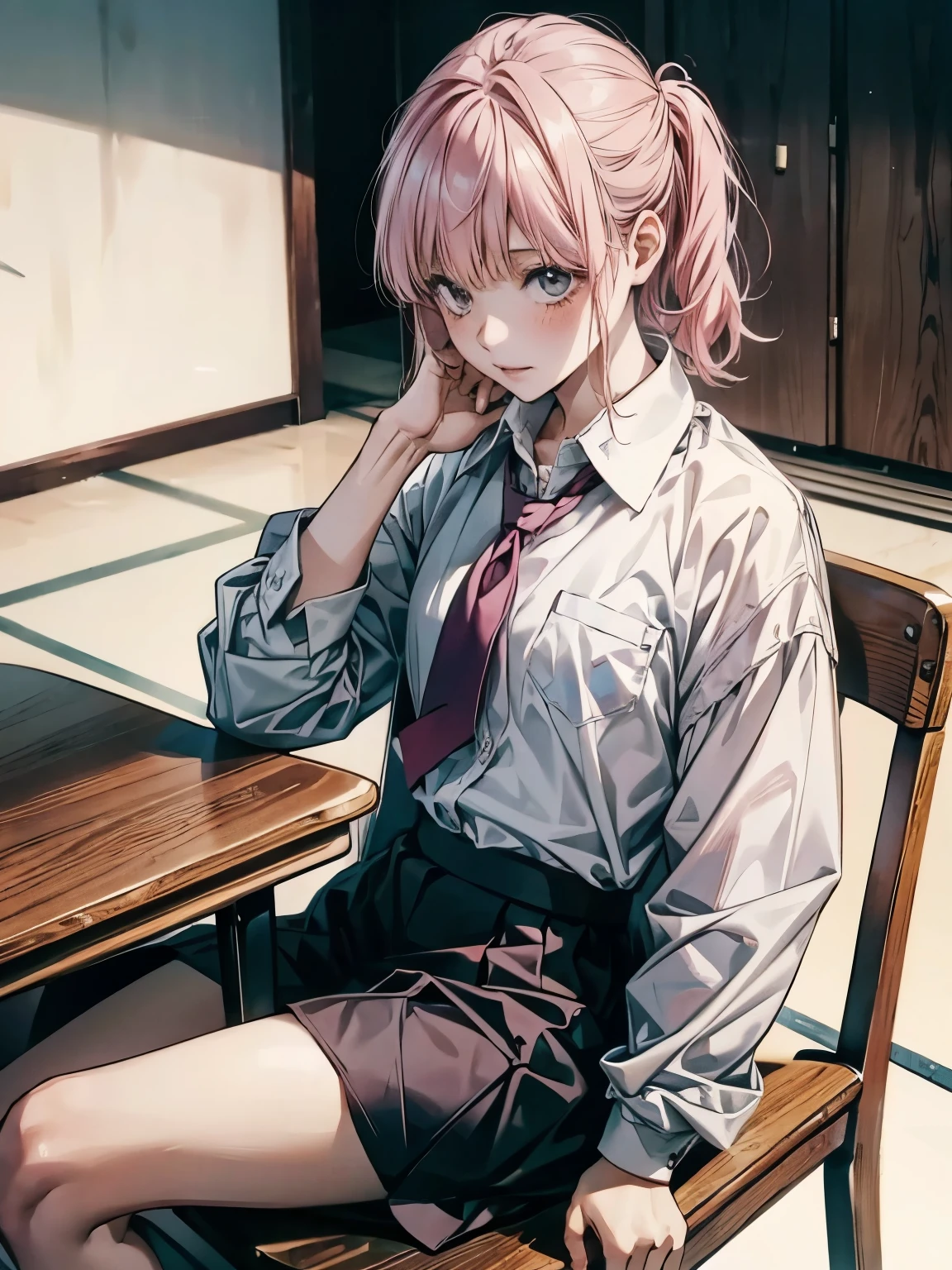 Kyoko DG,  1 girl ,  ties, Alone,  jacket,  shirt,  watch viewers,  Long Sleeve , white  shirt, collared  shirt,  sit on a chair, classroom, Pink Blood,