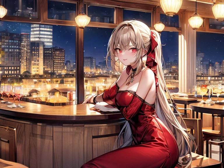 top-quality、Top image quality、​masterpiece、girl with((18year old、Black and red dress、Best Bust、Bust 85、a blond、poneyTail、Red Eyes、open chest wide、close to viewer、Happiness、A slight smil、Gold Accessories、a little drunk、holding a glass of wine、sit a chair)）hiquality、visualart、Background with((Night Bar Counter))、