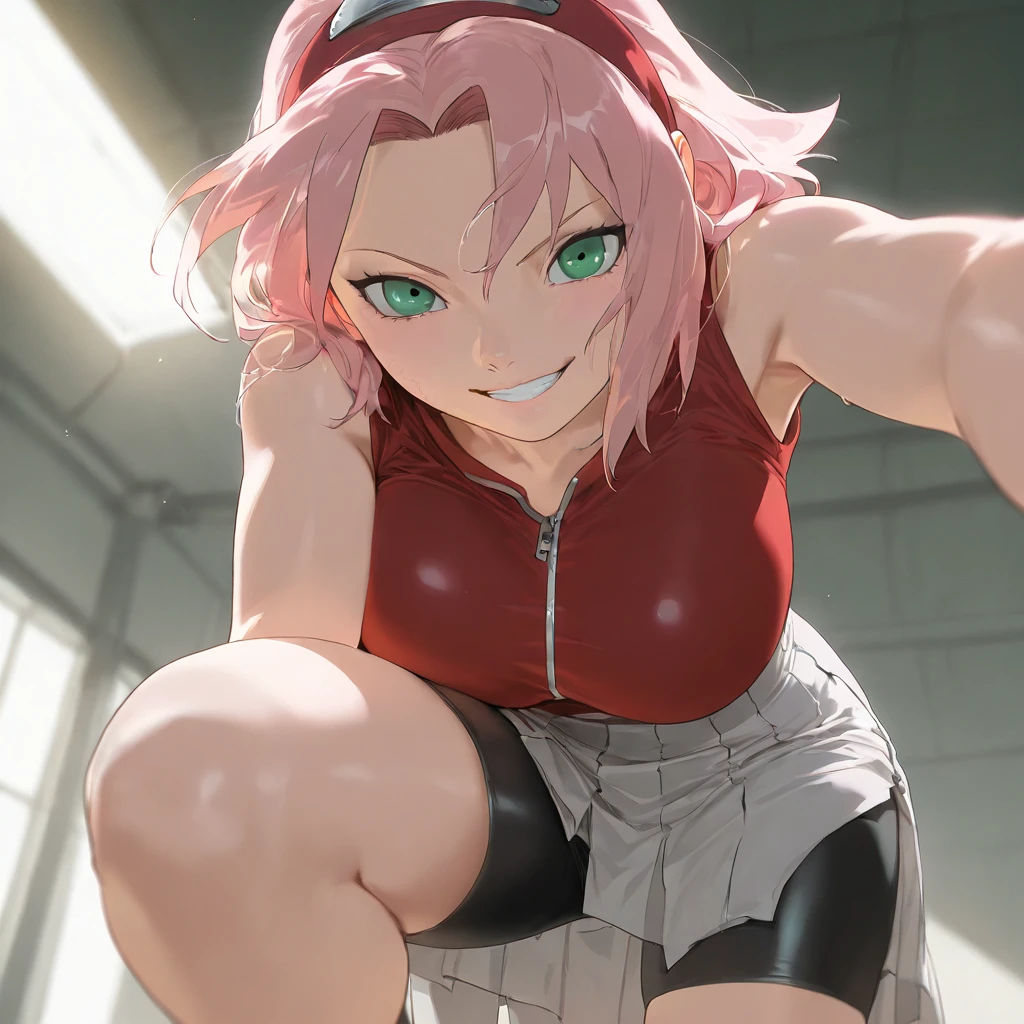 masterpiece, best quality, amazing quality, very aesthetic, absurdres, newest,scenery, anime screencap, anime coloring,,Expressiveh,
break

naruto,series,haruno sakura,pink hair,short hair,green eyes,small breasts,red shirt,sleeveless,bike_shorts,game cg, close-up, looking at viewers, arm down, Smooth and radiant face, evil grin, huge breasts, pleated dress, studio lighting,



 break

 masterpiece , best quality, amazing quality, very aesthetic, absurdres, newest,scenery,