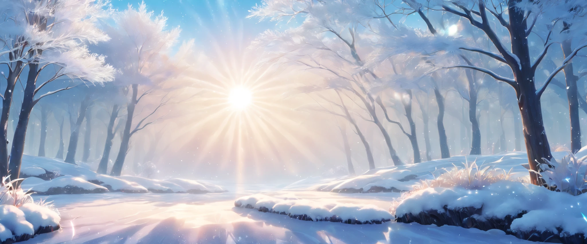 at winter season，Oyuki，snow landscape，Rime，rays of sunshine，thin fog，Dingdall effect，super-fine，tmasterpiece，8K，depth of fields，ultra - detailed，Meticulous portrayal，Ultra photo realsisim，Hyper-realistic , anime style ,cute ,soft ,lofi