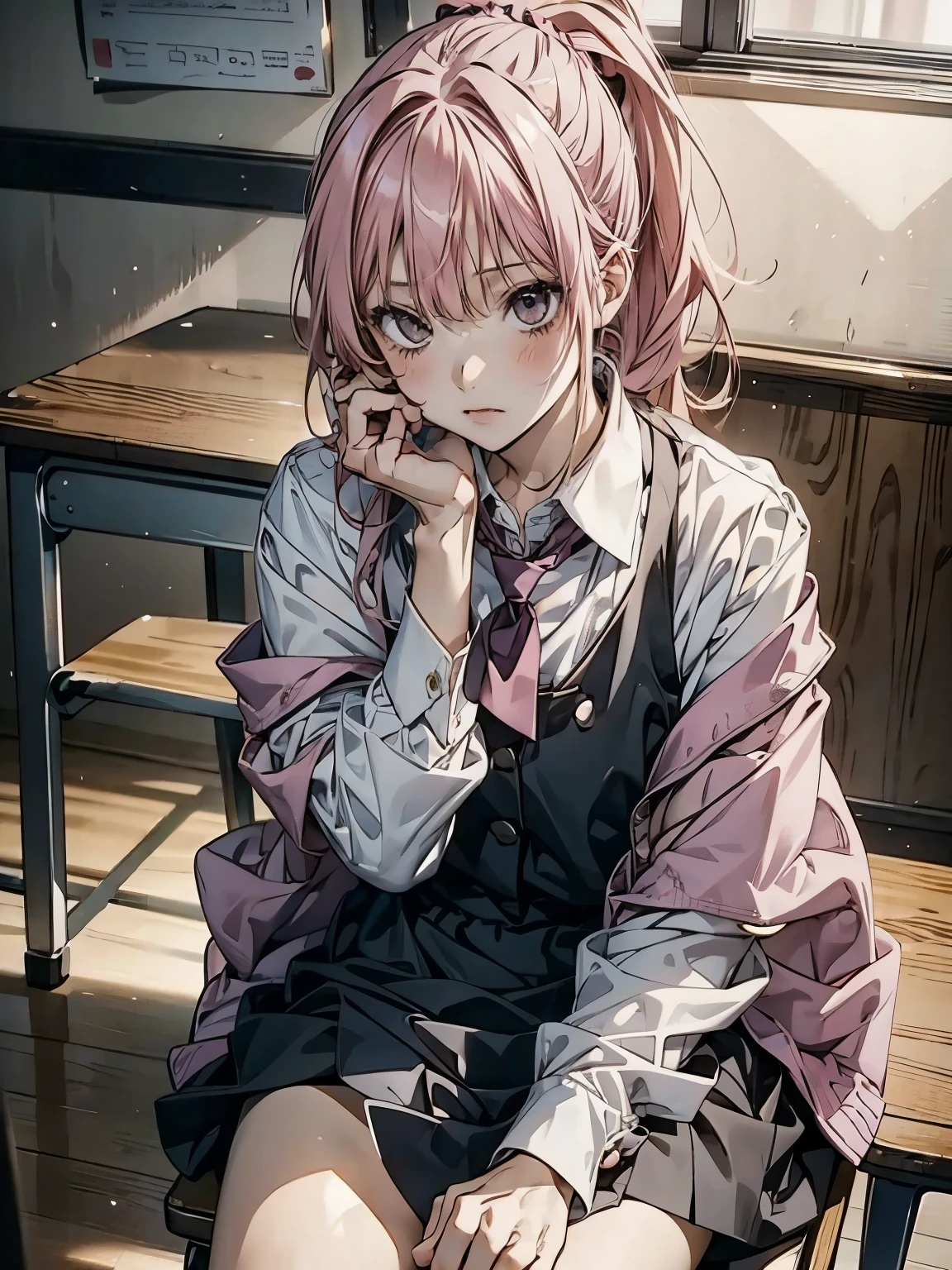 Kyoko DG,  1 girl ,  ties, Alone,  jacket,  shirt,  watch viewers,  Long Sleeve , white  shirt, collared  shirt,  sit on a chair, classroom, Pink Blood,