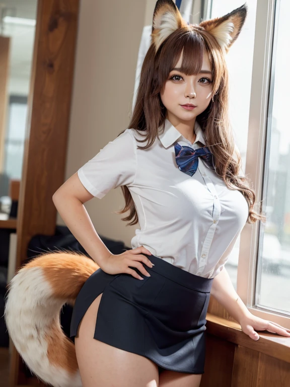 ((Highest quality)), ((masterpiece)), (Familiar), Perfect Face, fox lady, Pretty girl, Fox Ears, Fox tail, She has a northern fox tail, She wags her fluffy tail, She is a pretty office worker., Beautiful hip line, Thick thighs, One big tail, A tail protruding from under the skirt, Nice body, Shyly showing off his tail, Only one tail, a shy face, fur first round