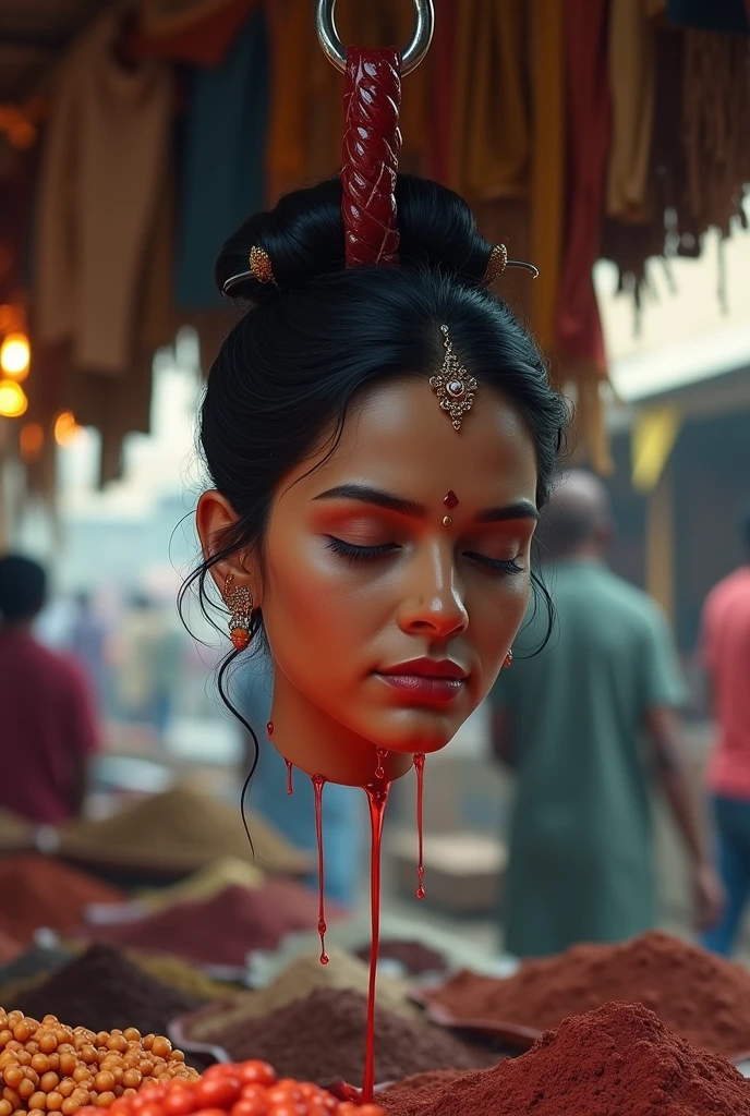 Create an image of a beautiful Indian woman's bloody disembodied head hanging on a hook in a busy Meat shop. From front side severed head face is visible. The head has a serene, peaceful expression with the eyes gently closed. Her dark hair is styled in an elegant bun, adorned with traditional hairpins. She wears delicate earrings and a nose ring and bindi on forehead. The market around them is vibrant, with colorful fabrics, spices, and street vendors. The scene should convey a sense of tension, as the man's action suggests the head is being sold in the marketplace, while the atmosphere contrasts the woman's beauty and the grimness of the situation.