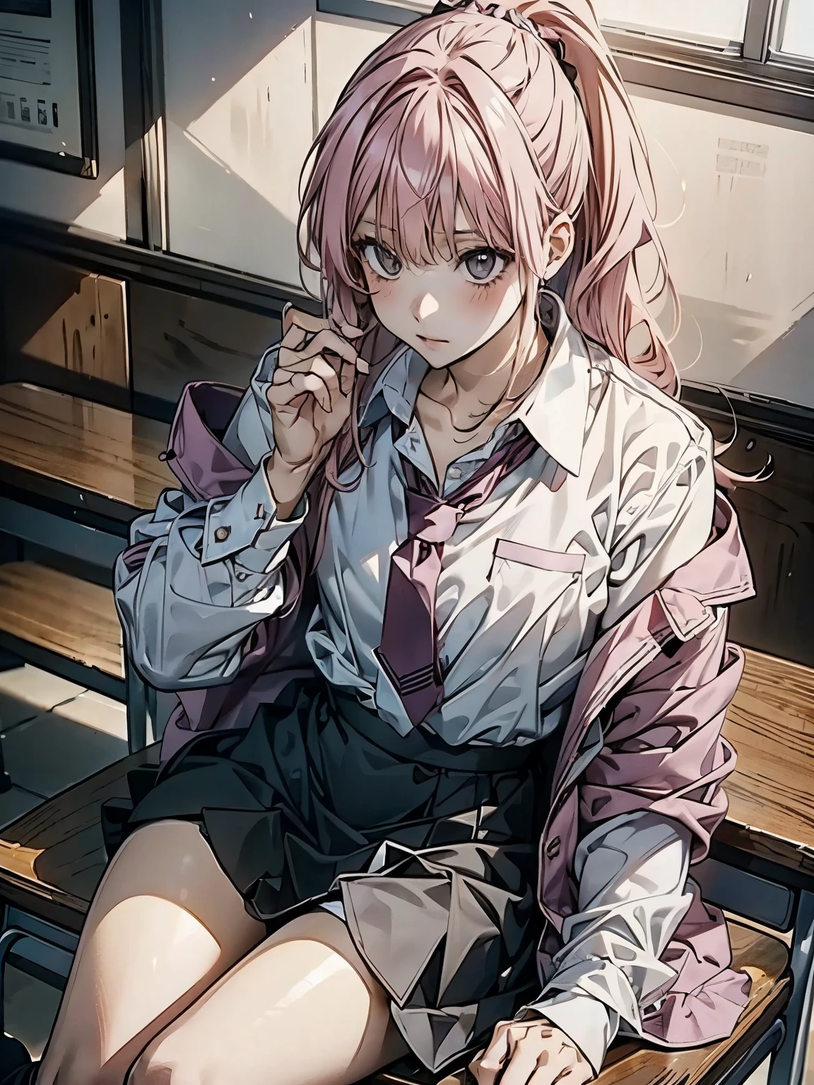 Kyoko DG,  1 girl ,  ties, Alone,  jacket,  shirt,  watch viewers,  Long Sleeve , white  shirt, collared  shirt,  sit on a chair, classroom, Pink Blood,