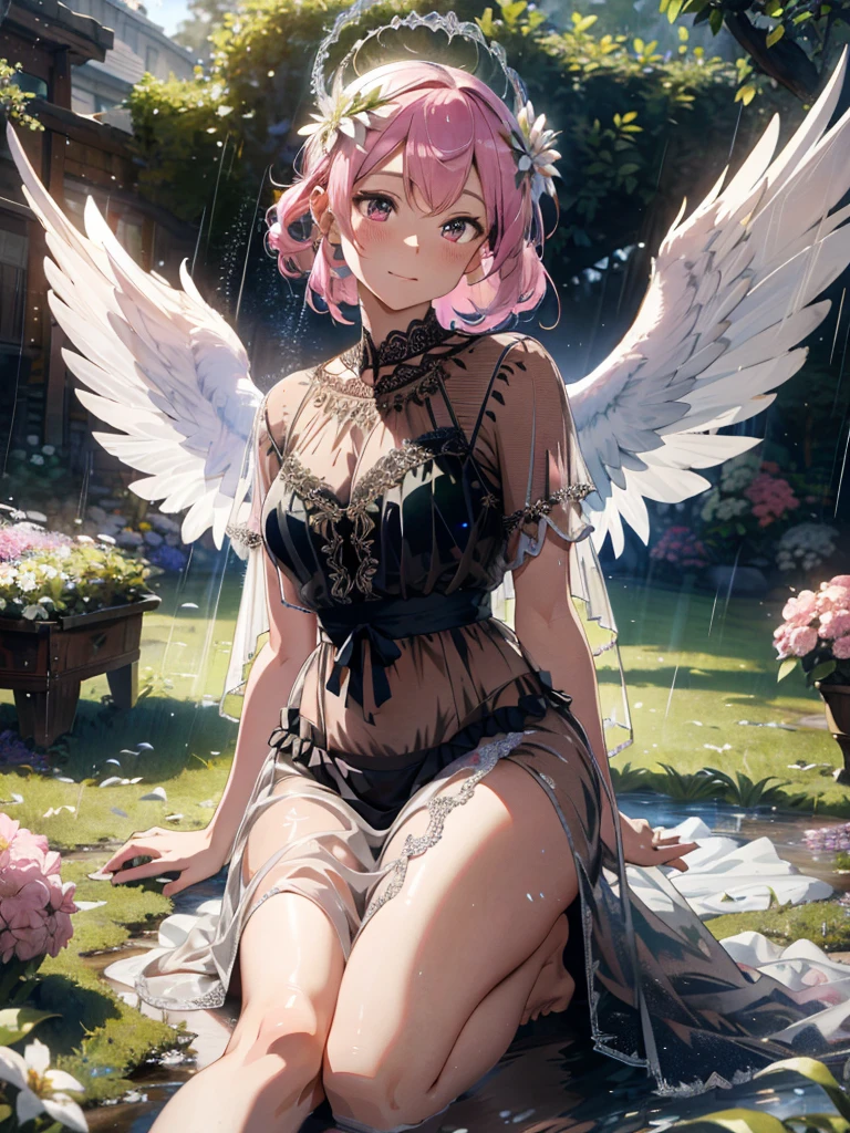 (masterpiece, Highest quality:1.3), (Very detailed:1.2), (hyperRealistic:1.3), (RAW Photos:1.2), High resolution raw color photos, Professional photos, (PhotoRealistic:1.4), (Realistic:1.4), (Pink Hair:1.5), Professional Lighting, Perfect Anatomy, (Big Breasts:1.2), (blush, Detailed face), (smile:1.7), sexy, erotic sexy, ランダムなsexyなグラビアポーズ, (An angel in a white gold off-the-shoulder sundress、so beautiful、Flowers in full bloom畑で花冠をかぶり優雅に微笑む、The background is Notre Dame Cathedral、Flowers in full bloom々、Shining starry sky、Pearl Earrings、Pose picking flowers。:1.3)、Archangel Raphael、It has two large white wings on its back....、She looks like an angel.、Taking the form of an archangel、holding a pink rose in hand、I have an angel's halo around my head