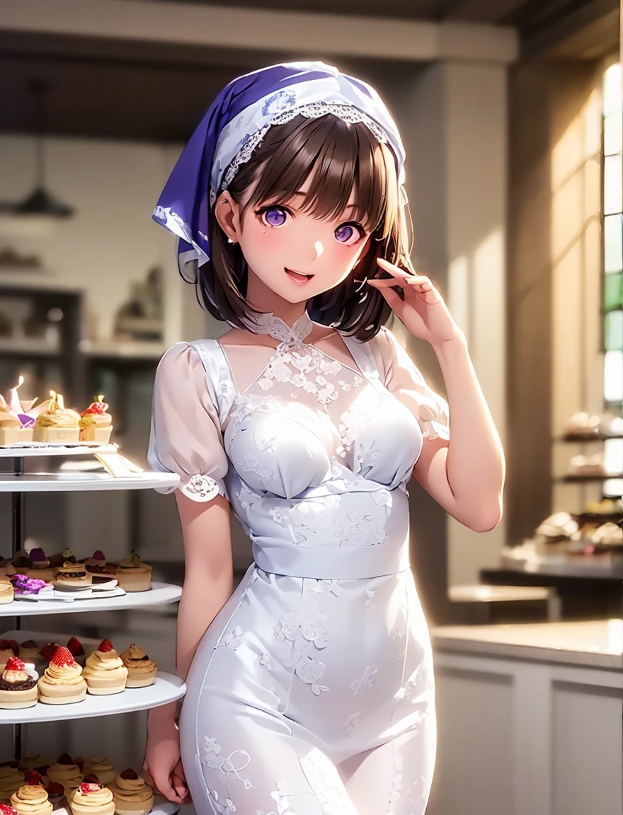     high definition  ,In 8K, best quality , Details, semi-realistic anime , D Anime Style , Smooth Anime CG , one girl, 19-year-old Japanese woman, slim,modeling,(( smaller breasts)),(( a medieval European towngirl )),(((Cake shop))),(( White Patterned Clothes )),(((Cream-colored lace ))), pink lips, Shiny brown hair, Detailsな顔,Beautiful and  Details,(( look at the camera)),(( Deep Blue-Purple Sparkling Eyes)),(Open your mouth),((Laughter)),(( is arranging freshly made cakes in a showcase)),( welcome),((( bright interior))),(( a white bandana on her head )),(Thighs)