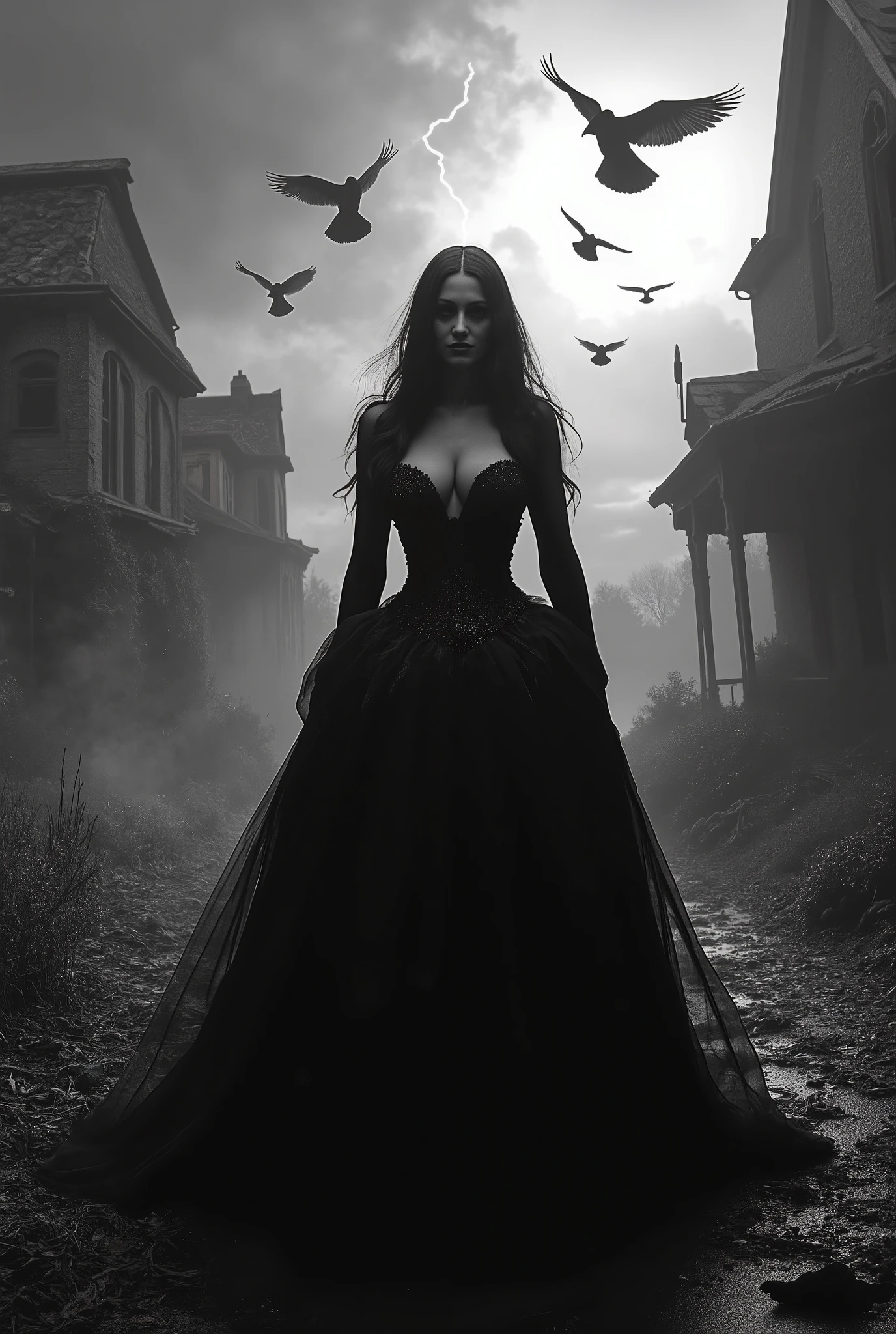A hauntingly lit illustration, rendered in stark black and white tones, depicts a mystical female fortune teller within a peculiar, tented circus at dusk on All Saints' Day. The fortune teller's enigmatic gaze pierces through the shadows as she whispers ominous predictions to the viewer. In the background, tattered silhouettes of performers lurk, their eyes aglow like lanterns in the fading light.