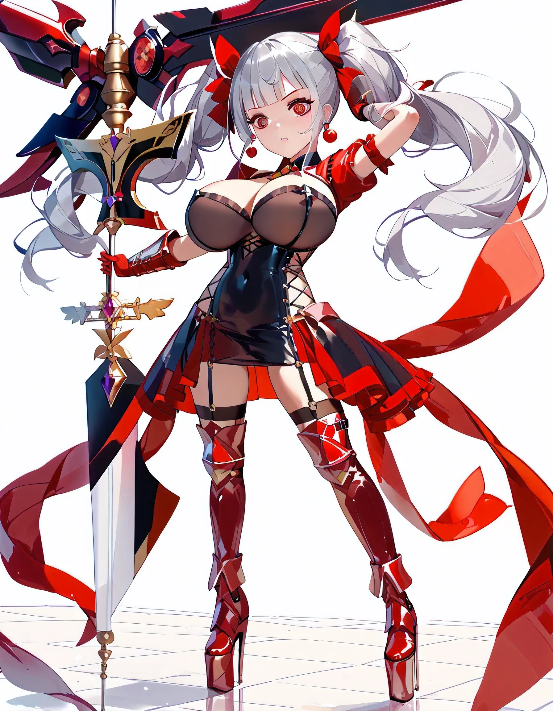 High image quality、 High Quality 、  girl、 Silver Hair、 twin tails、Platform boots、Greaves、Villainess、villain、princess、Ruler、Blunt weapon、Sharp Eyes、Crimson Eyes、Big Breasts、 leather bondage dress、 landmine fashion、 sadist、