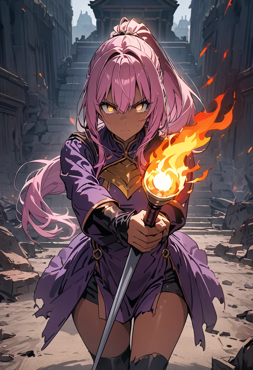 masterpiece, best quality, 8k, 1 woman ((30 years old)), dark skin, glowing gold eyes, pink hair, ponytail, She is wearing a  black and purple fencer's outfit, ((fencer's pose)), she is using a rapier, looking defiantly at the viewer, serious, walking towards the viewer, crumble ground around her, the background is a destroyed temple with fire around it