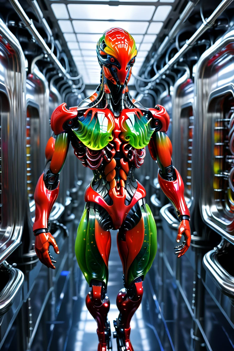 3D Rendering、Action Figures、1/6 Scale、12 inch size、Bad guy、artificial human world、(((The whole body is asymmetrical)))、The right half of the body is mechanical、Steampunk Style、Some parts glow in neon colors、(((The left side of the body is a creepy body with arteries and veins protruding)))、Unclean and unpleasant skin、Scary look、(((Full body image)))