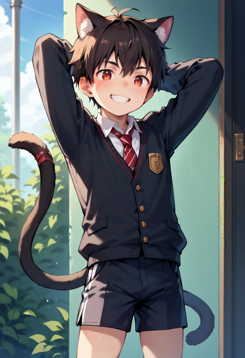 male　Shota　 school uniform　 slender　Black Suit　Shorts　Red Eye　Cat ears　Tail　 raise your arms　smile