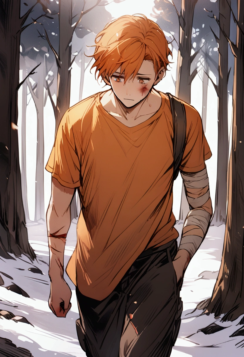 1 boy, wounded, orange hair, orange shirt, brown eyes, winter forest, injured right arm, tired, walking