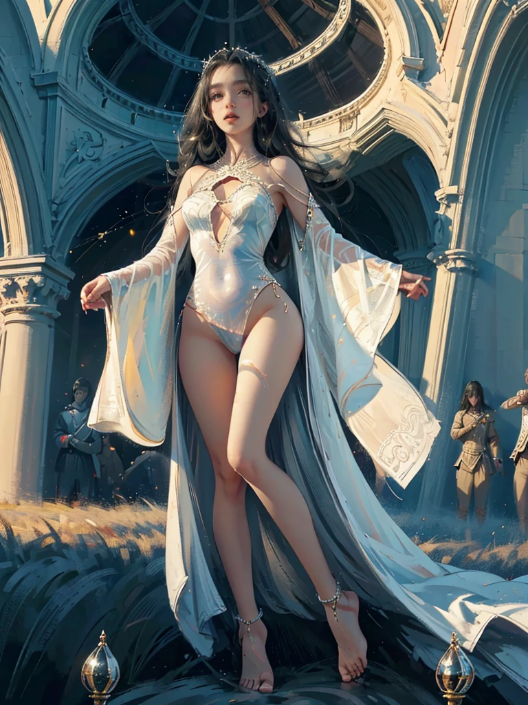 ((aeolian)), 1 girl, beautiful face, ((young)) Princess, (naked), very long black hair, slim body with long legs, shiny skin, castle background, bare feet, view from the side, full body view, 