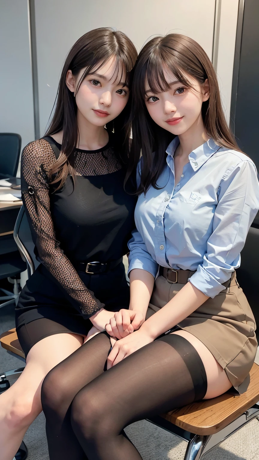 absurdres, RAW photo, extremely delicate and beautiful, masterpiece, Best Quality, ultra high resolution, 32k, hyperrealistic, ultra-detailed, perfect anatomy, perfect figure, super Detailed skin, 30 years old, very Slim body, narrow waist, very small head, very small face, delicate facial features, tearful mole, earring, thin legs, (((very huge round breasts))), (full body shot), ((2 girls)), short medium hair, ((wavy hair)), wet clothes, (tight clothes), (business suit), (blazer), short skirt, (((collared dress shirt))), (classroom),