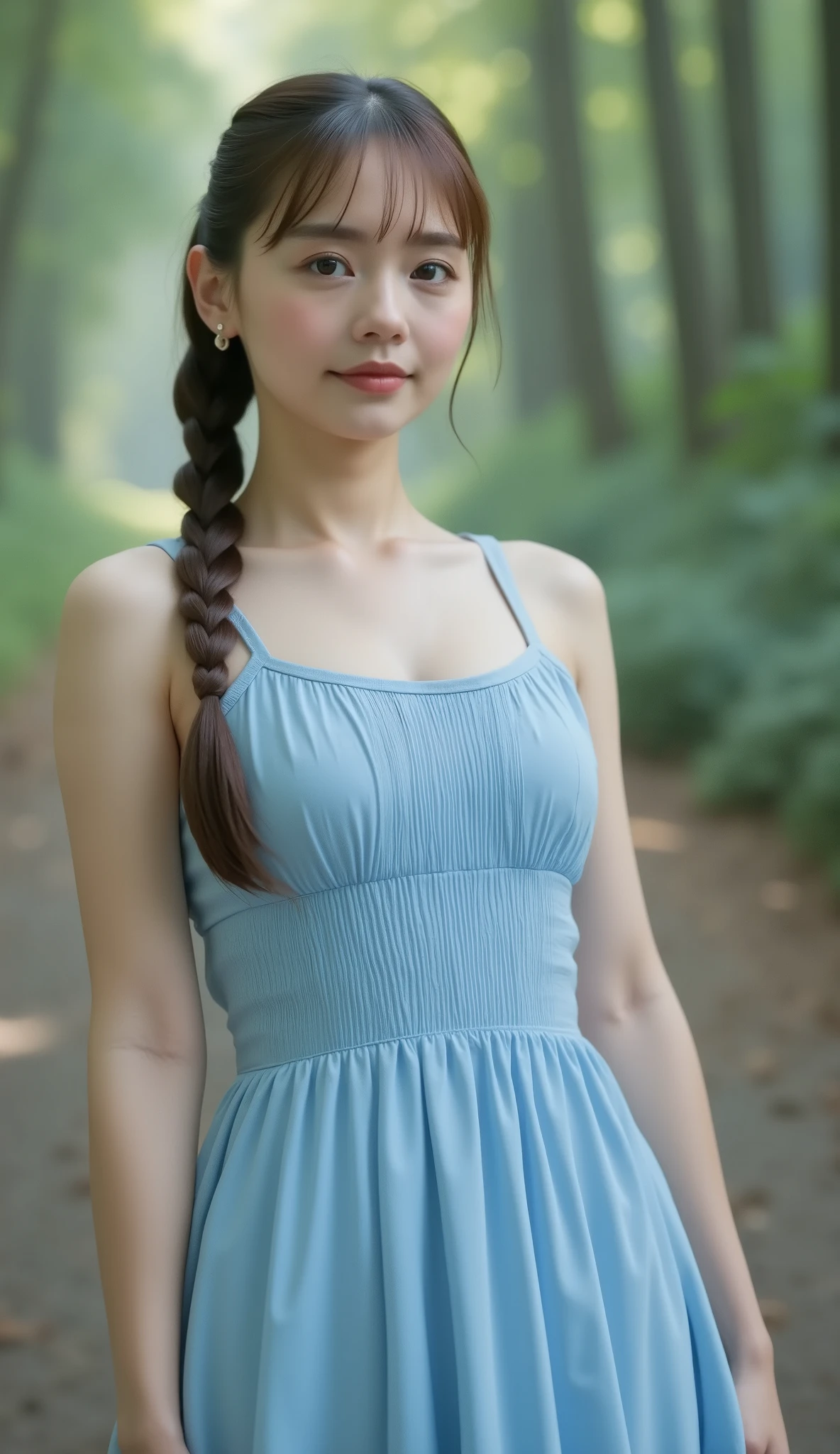  best quality、  Masterpiece 、  perfect anatomy over a white blouse 、From knees to upper body、 one girl、 cute face、 simple、 no makeup、 brown hair、 braid hair、Highly detailed hairstyles、 razor dress 、 Light Blue Dress、 blurry background、Forest bathing、Promenade、High quality details、Portraiture