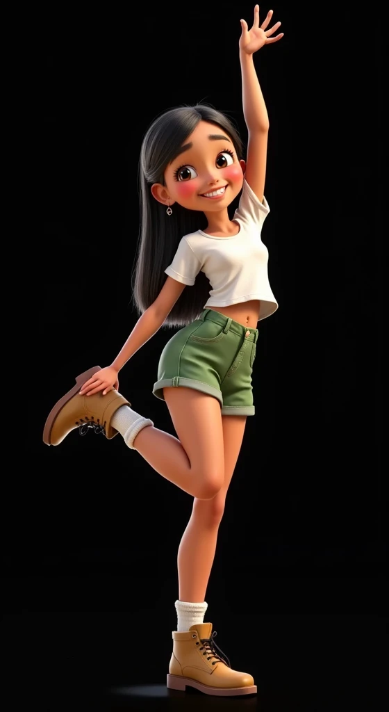 Inspired by the posters in the movies, the 3D characters from Disney Pixar create the image of a 6yo, age: 6,  6 anos de idade, 6-years-old, girl with straight black hair down to her waist wearing a white t-shirt and very short green safari-style shorts with white socks and a safari boot. She is beautiful, sensual, attractive, Brazilian, she does a dance step where she puts her hand on her foot, the background is all black for cutting in png.