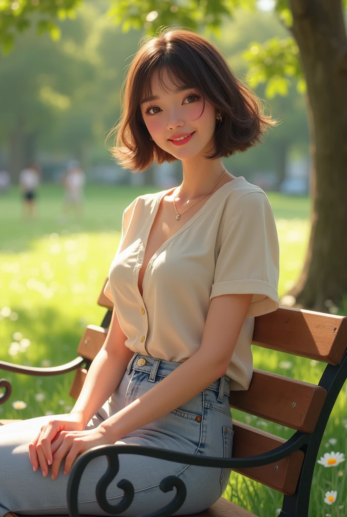 ((Best quality, 8k, Masterpiece: 1.3)), Sharp focus: 1.2, 1 AKB48 girl, beautiful face girl, cute face, age 28, small breasts, flat chest, short messy hair, sitting, crossed legs, UNIQLO casual clothes, skirt, cafe, sunlight, dramatic angle, kindness, cinematic lighting, from below, (8k, masterpiece, best quality, raw photo)