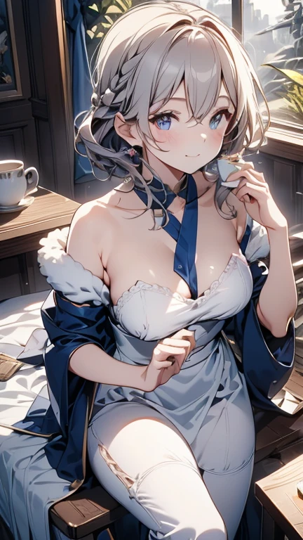 (from above:1.2,Best Quality),a girl , kimono uniform,silver color hair,Purplish  blue eyes that dreamers desire, small stature, medium tits , Lori face, (masutepiece:1.2, Best Quality), (finely detailed beautiful eye: 1.2), (beautifull detailed face), (perky chest:1.2), (pointed chest:1.1), (cafe magazine cover:1.5)，(Best Illumination, extremely delicate and beautiful), sexy pose,make a coffee , in a kitchen counter, morning light, (Pale white background:1.1), Short bob hair（1:3）、Ultra Contrast、Braid a little around the ears、only has 5 fingers、Sexy and qute pants、nffsw,A small café in the forest. A stylish café with a terrace tucked away in the forest. We offer a variety of menus including delicious coffee., a cake, sandwich, and spaghetti. The smile of the clerk in the apron is very nice.、It is very popular with customers.effect///Fluffy pastel colors.fine brushes,（XF 35mm F1 key.4 R,F1.4,Maximum aperture,become blunt:1.5） Rough, detailed watercolour, soft and fantastic, pastel, Fluffy, (extremely fine and beautiful), (Perfect Detail)、(pastel color),Soft texture:1.2.(masutepiece, Best Quality), (finely detailed beautiful eye), (finely detailed  eyes and detailed face),The tones are also visibly luminous.Pale blurred contours,Unobtrusive lighting, moody atmosphere,subtle highlights