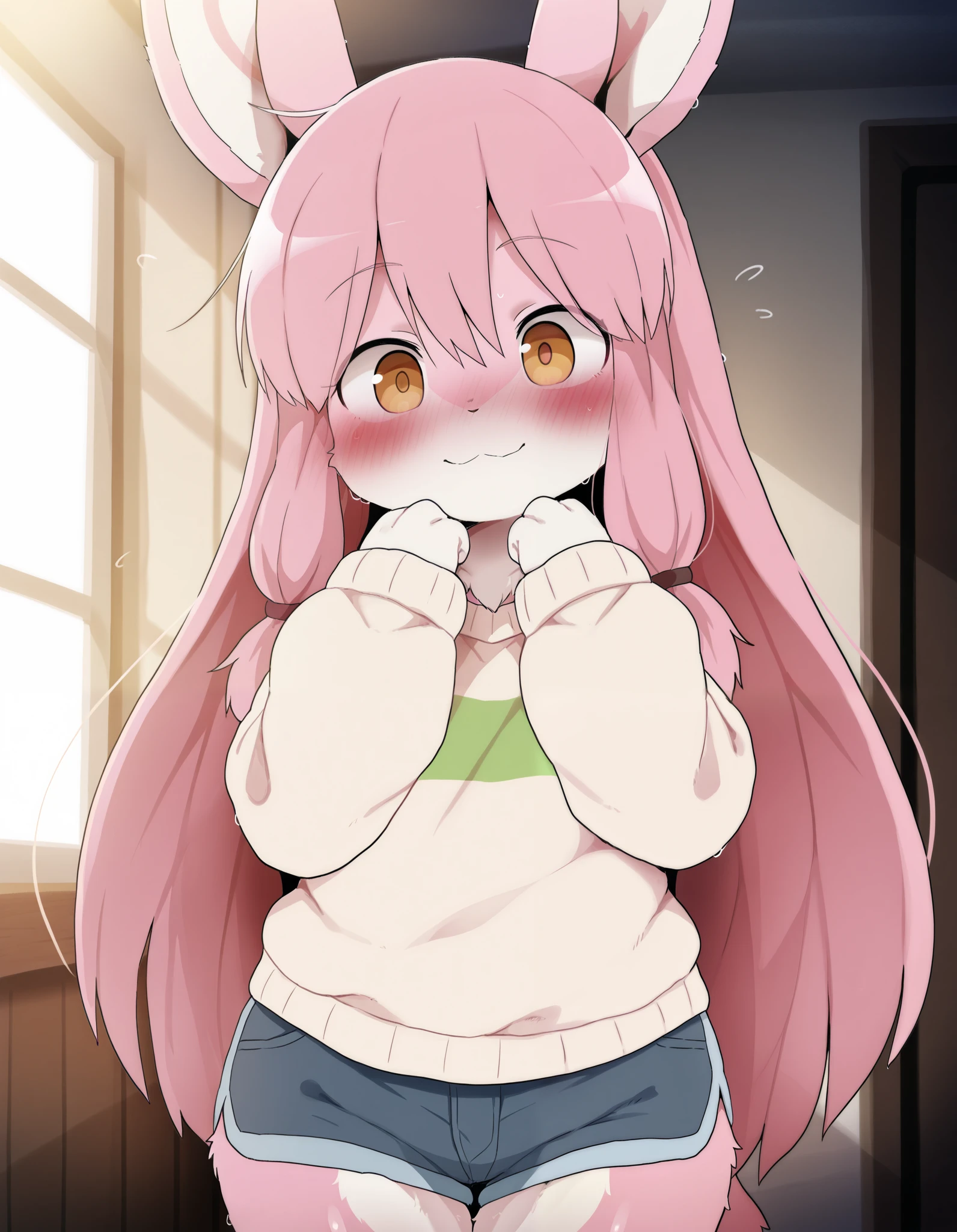 solo, dagasi_style, Dagashi_(Daga2626), 1girl, furry female, furry, 1girl,, Very detailed illustration, (Anthropomorphic furry rabbit boy:1,7) , tousled voluminous hair, Playful look, Slim, ideal body, thin waist, wide hips, Simple drawing, Artifyber style, pastel flat colors, Cute, cartoon, sweater, short shorts