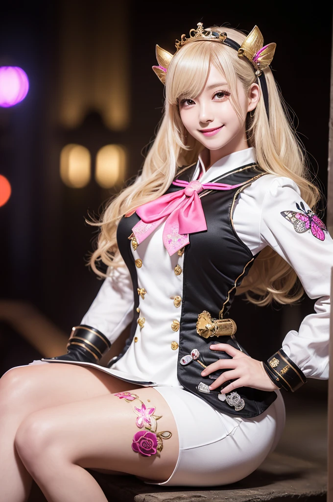 Marie Rose, blonde hair, ((ar old)((Short curly hair)), Eyes((Smart Eyes, Black)), Clothes((satin, Mini dress, Ribbon trim, orange, orange)), Accessories ((hair clips, shock, Bracelet)), Ponytail, (((slender, huge tits))), huge-breasted, Korean Makeup Look, Happy, stage, Spotlight, concert, Smiling, Smile expression, Dancing, ((Short curly hair))