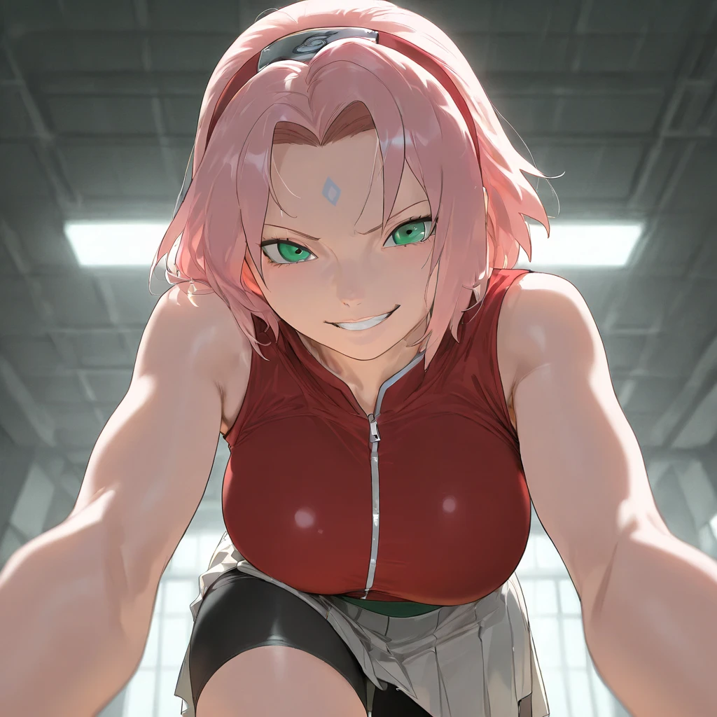 masterpiece, best quality, amazing quality, very aesthetic, absurdres, newest,scenery, anime screencap, anime coloring,,Expressiveh,
break

naruto,series,haruno sakura,pink hair,short hair,green eyes,small breasts,red shirt,sleeveless,bike_shorts,game cg, close-up, looking at viewers, arm down, Smooth and radiant face, evil grin, huge breasts, pleated dress, studio lighting,



 break

 masterpiece , best quality, amazing quality, very aesthetic, absurdres, newest,scenery,