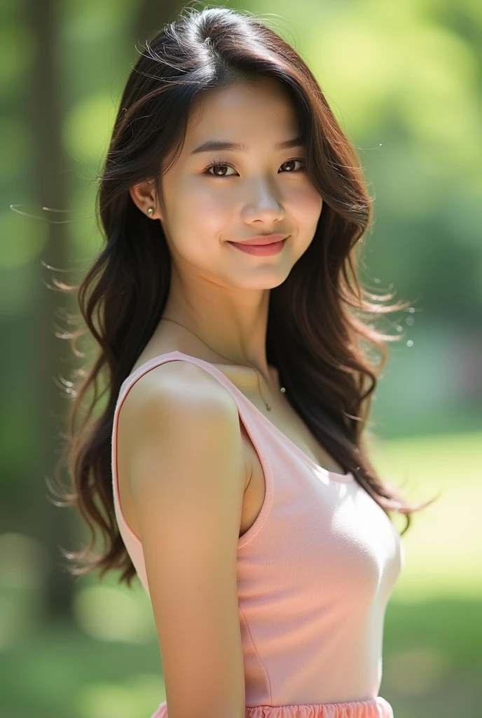 her body is facing the front, She is facing the viewer, (the body turns of the viewer), ,　Teen Girls、drill hair、Brown hair、A slight smil、cute little、((top-quality、8K、​masterpiece：1.3))、sharp focus：1.2、An ultra-high picture quality、top-quality、​masterpiece、natural soft light、The upper part of the body、the setting sun, ,  sport bra, smile, Do not emphasize the top of the bust,