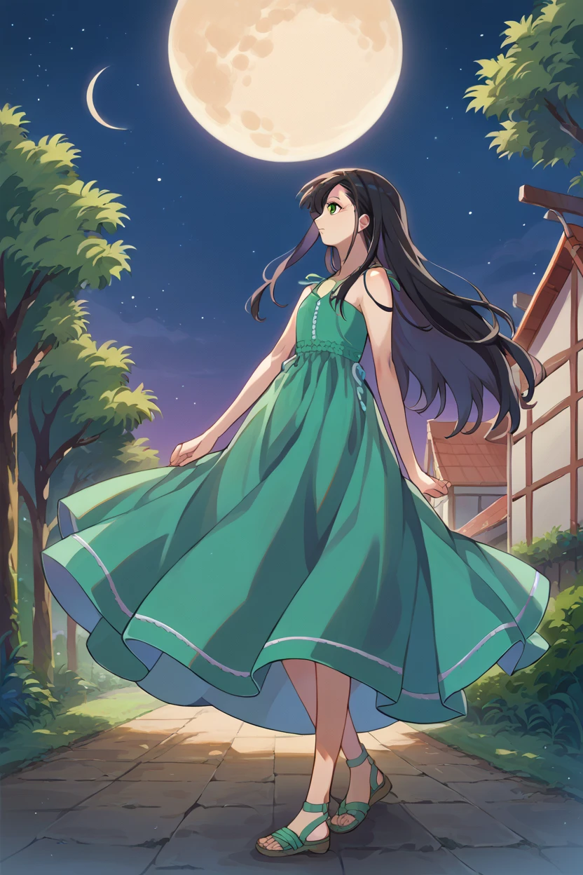 score_9, score_8_up, score_7_up, score_6_up, source_anime, 1girl, solo, pastTif, (A (severus snape's daughter:((11years old)) european girl,black hair, green eyes), long hair, aqua sundress, sleeveless, sandals, night sky, wide shot, profile, looking up, moon, small town, trees