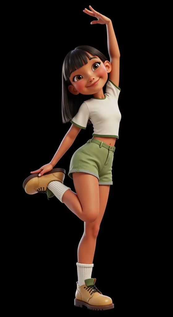 Inspired by the posters in the movies, the 3D characters from Disney Pixar create the image of a ***, age: 6, 6 anos de idade, 6-years-old, girl with straight black hair down to her waist wearing a white t-shirt and very short green safari-style shorts with white socks and a safari boot. She is beautiful, sensual, attractive, Brazilian, she does a dance step where she puts her hand on her foot, the background is all black for cutting in png.