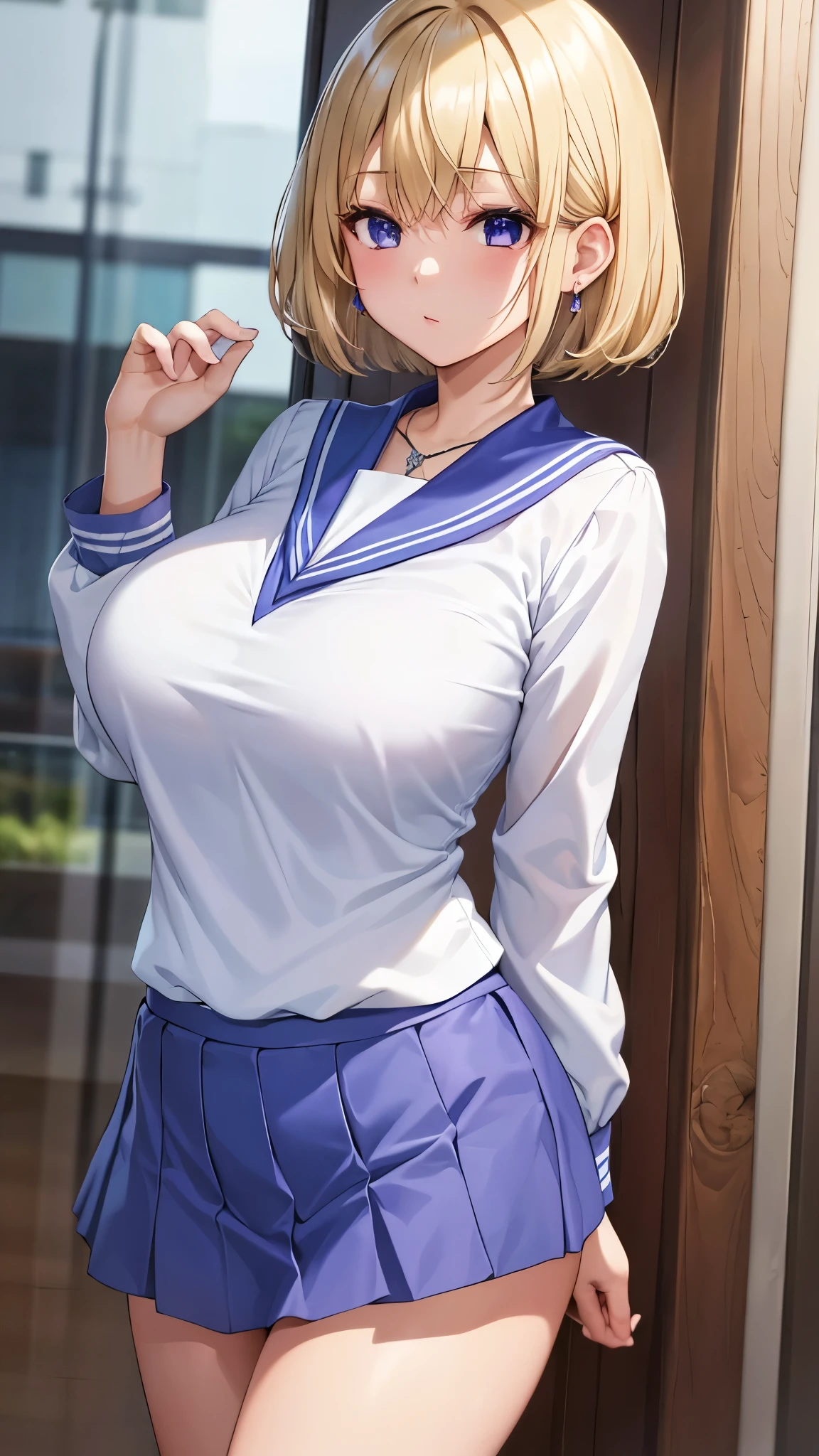 Umino Yuki 、 masterpiece ,  best quality、  best quality,(8k resolution),Beauty、(  looks like an adult), （  Sexy Perfect Style  ）、( Big Breasts )、  blonde bob cut、(White and blue sailor suit)、(  blue skirt)、(( Bring your chest closer ))、  purple eyes、 purple earrings 、Purple Necklace