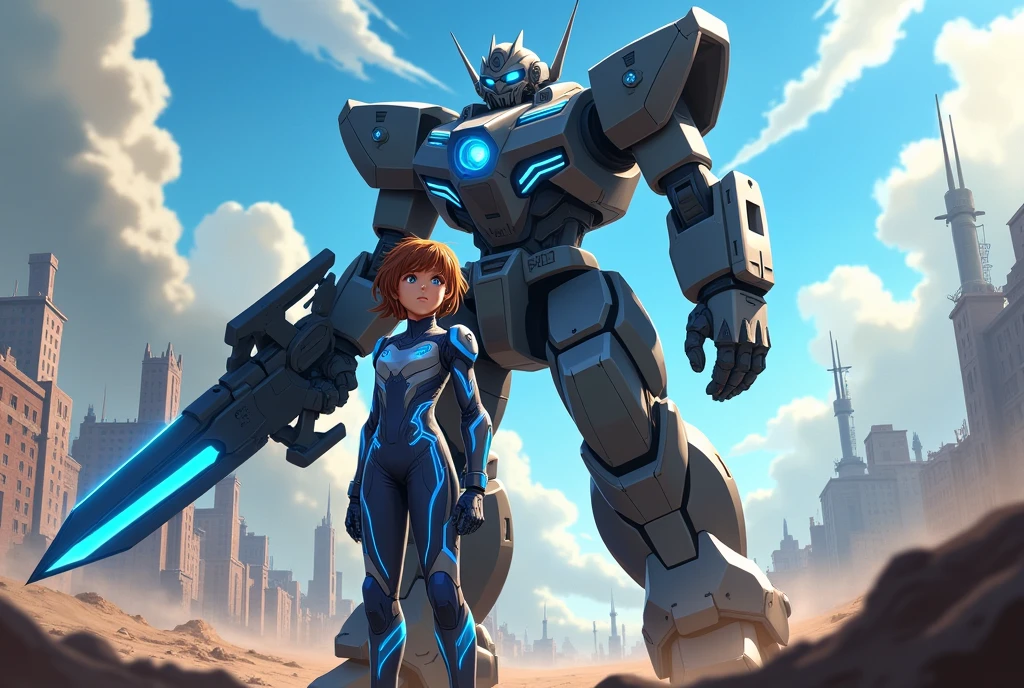 Highest quality,A woman stands in front of a giant robot in the city,Back view,Blue Hair,Pilot Suit