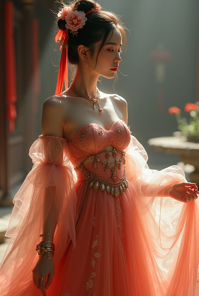 Chinese girl, curvy body, curvy waist, huge breast, white skin, gorgeous costumes embroidered with intricate embroidery, topless, top naked, bare breasts, exposed breasts, flowing tulle, transparent long colorful ribbons tied on the arms, inspired by chinese movie, showing navel, bare shoulders, bare neck, hair in a high bun with flower hairpins, ribbons on arm rings, wreaths, bracelets, anklets, high heels, metal chain tassels on the waist, Mogao Grottoes art, ink painting, cgstation pop, in the morning sunny castle, ((fullbody)), ((super realistic)), silver, silver color