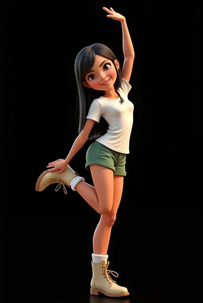 Inspired by the posters in the movies, the 3D characters from Disney Pixar create the image of a ***, age: 6, 6 anos de idade, 6-years-old, girl with straight black hair down to her waist wearing a white t-shirt and very short green safari-style shorts with white socks and a safari boot. She is beautiful, sensual, attractive, Brazilian, she does a dance step where she puts her hand on her foot, the background is all black for cutting in png.