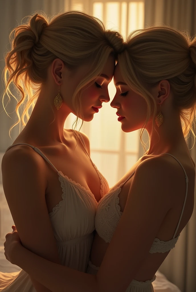 Two girls dressed in silk pajamas having sex, silver grey flowing hair