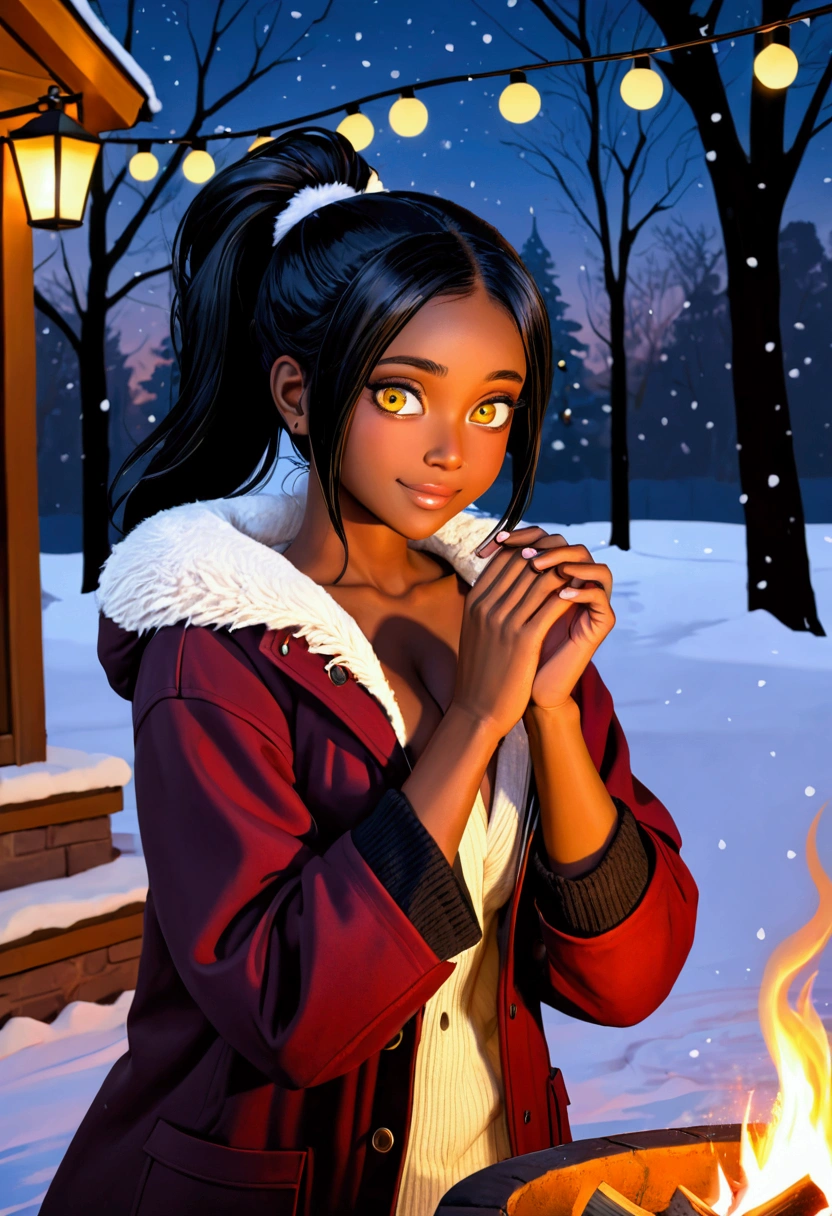 (P0K3M1LF5TYL3), (masterpiece), (absurdres), (high quality), masterwork, award-winning, best quality, hyper-detailed, dynamic, Expressiveh, Karin (Blue Archive), a beautiful dark-skinned woman is warming  her hands from the heat of a bonfire,
very aesthetic, (Karin, adult woman), cute, sexy, hot, blush, flushed, blushing, winter, snowing, christmas lights, tree lights, snowing, snow, godrays, bokeh:1.2, black ponytail, black hair, hair tendrils on either side of her face, sexy expression, seductive face, head tilted slightly down, large breasts, winter coat, (warming hands), bonfire, fire pit, (dark skin), (dark-skinned female), halo, fur trim, surprised, batting her eyelashes, perfect eyelashes, seduction, seductive eyes, shy, embarrassed, (perfect eyes:1.3, wide eyes, detailed eyes, amazing eyes, yellow eyes, beautiful yellow eyes), (body focus), (intense dark red blush:1.5), (shy smile:1.4), arched back, outdoors, moonlight, she glows, glowing, winter, warm glow, flickering flames, karin (blue archive)