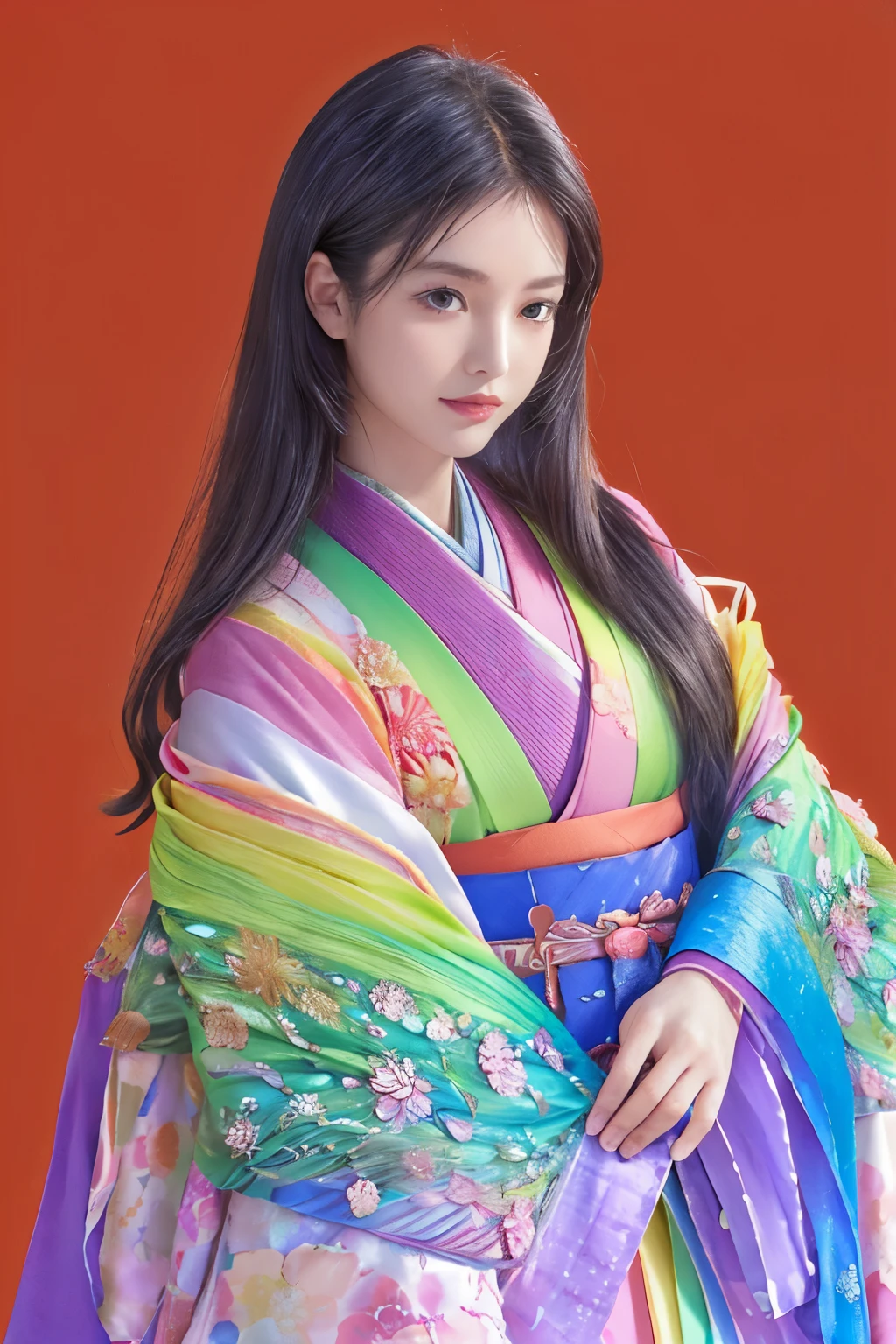 juunihitoe, Twelve-layered kimono,(masterpiece, highest quality, highest quality,aesthetics:1.2),From the side,Esbian all over,1300 years ago,Japan_Heian period,noble,1Beautiful Princess,Skin Texture,(Straight Hair Long beautiful black hair wealthy),warm,de luz,Beautiful super detailed big round eyes,Beautiful ultra-detailed lips,A little smile,Beautiful ultra-detailed fingertips,(Twelve-layered kimono futuristic rainbow colored hue The beauty of layered colors),The softness of silk,Layered collar,Wide sleeves,Long hakama hem,dream-like,Elegant,Blur,futuristic rainbow colored Coat with futuristic textile. without OBI