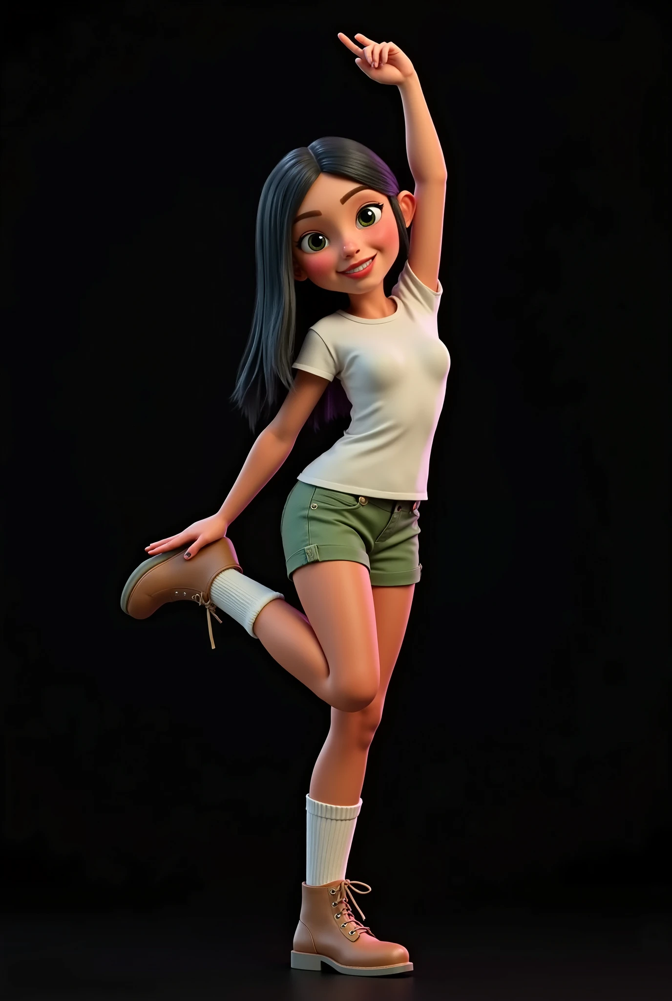 Inspired by the posters in the movies, the 3D characters from Disney Pixar create the image of a ***, age: 6, 6 anos de idade, 6-years-old, girl with straight black hair down to her waist wearing a white t-shirt and very short green safari-style shorts with white socks and a safari boot. She is beautiful, sensual, attractive, Brazilian, she does a dance step where she puts her hand on her foot, the background is all black for cutting in png.