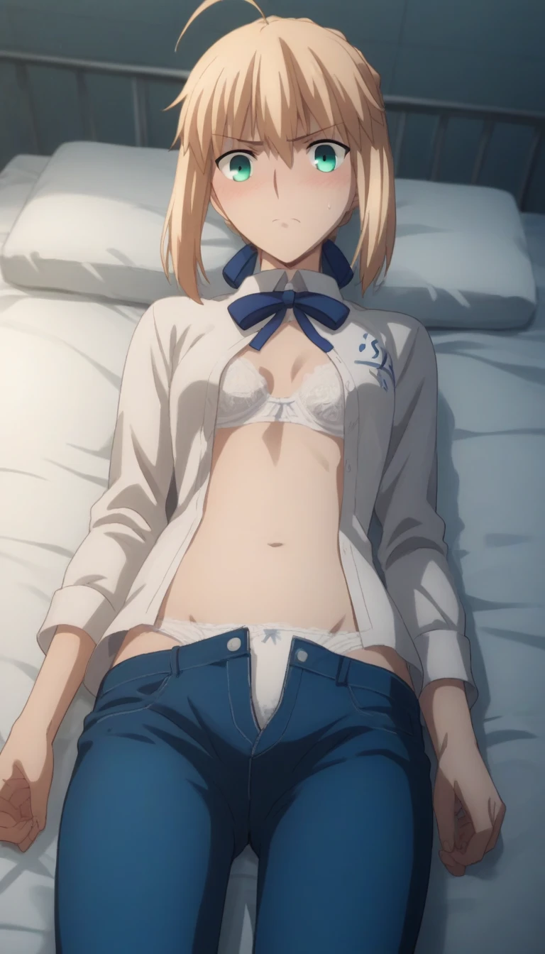 source_anime,
saber, short hair, blond hair, detailed deep green eyes, hair between eyes,(( perfect eyes )), very surprised eyes,  Perfect face, expressive eyes,
(show off breast), ((undress open shirt)), detailed nipples, undress bottoms, ((suit panties)), 
indoors, bed room, sitting, blush, 
cowboy shot, looking at viewer, solo, dutch angle, small breast ,                                            