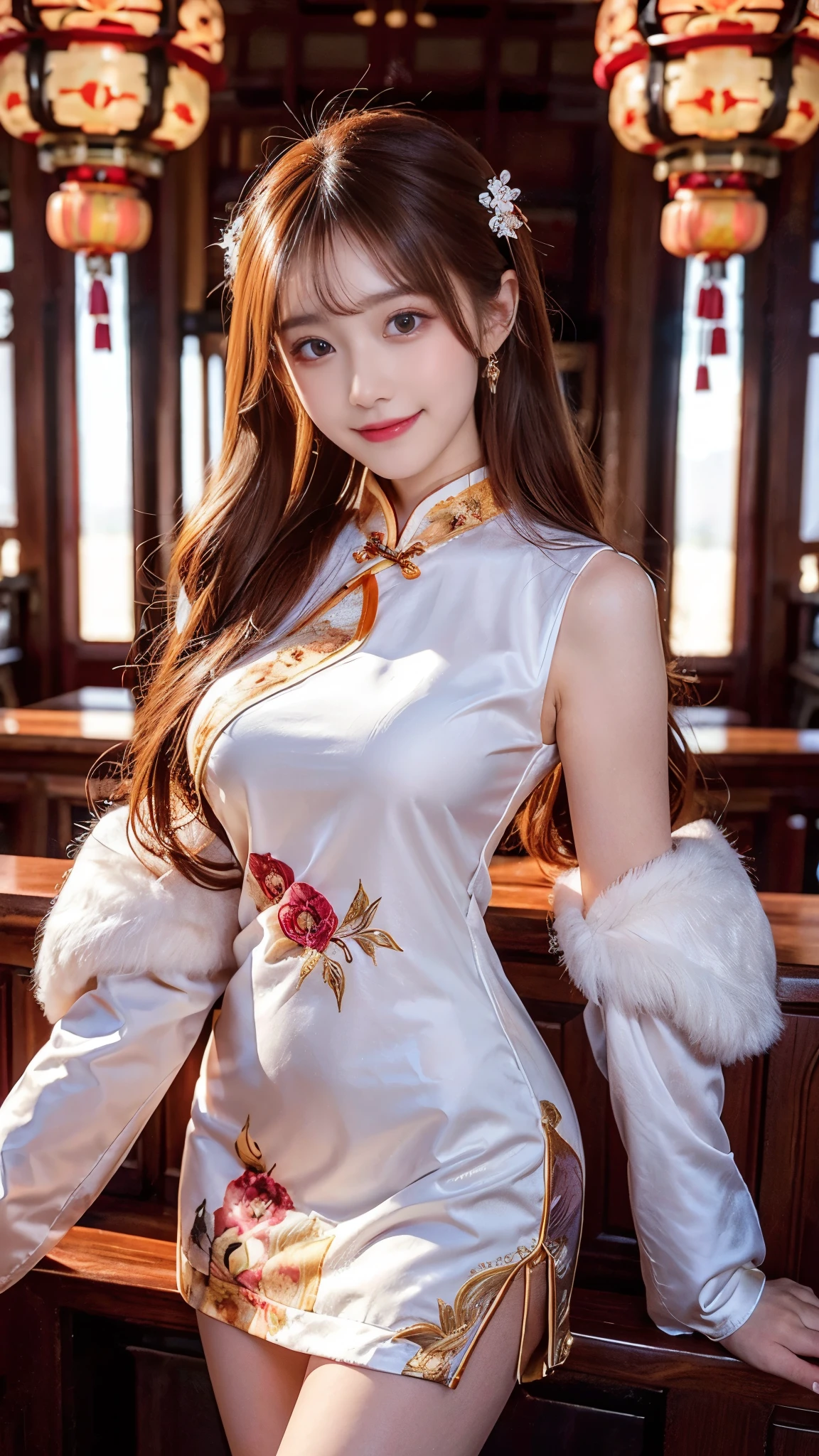   beautiful woman,     Chestnut hair    ,     Beautiful Eyes ,   Smile,  Actual , Full HD,   very beautiful dress  ，Fluffy dress ， curved body，Magnificent view ，Gorgeous decoration，cheongsam，中国发髻