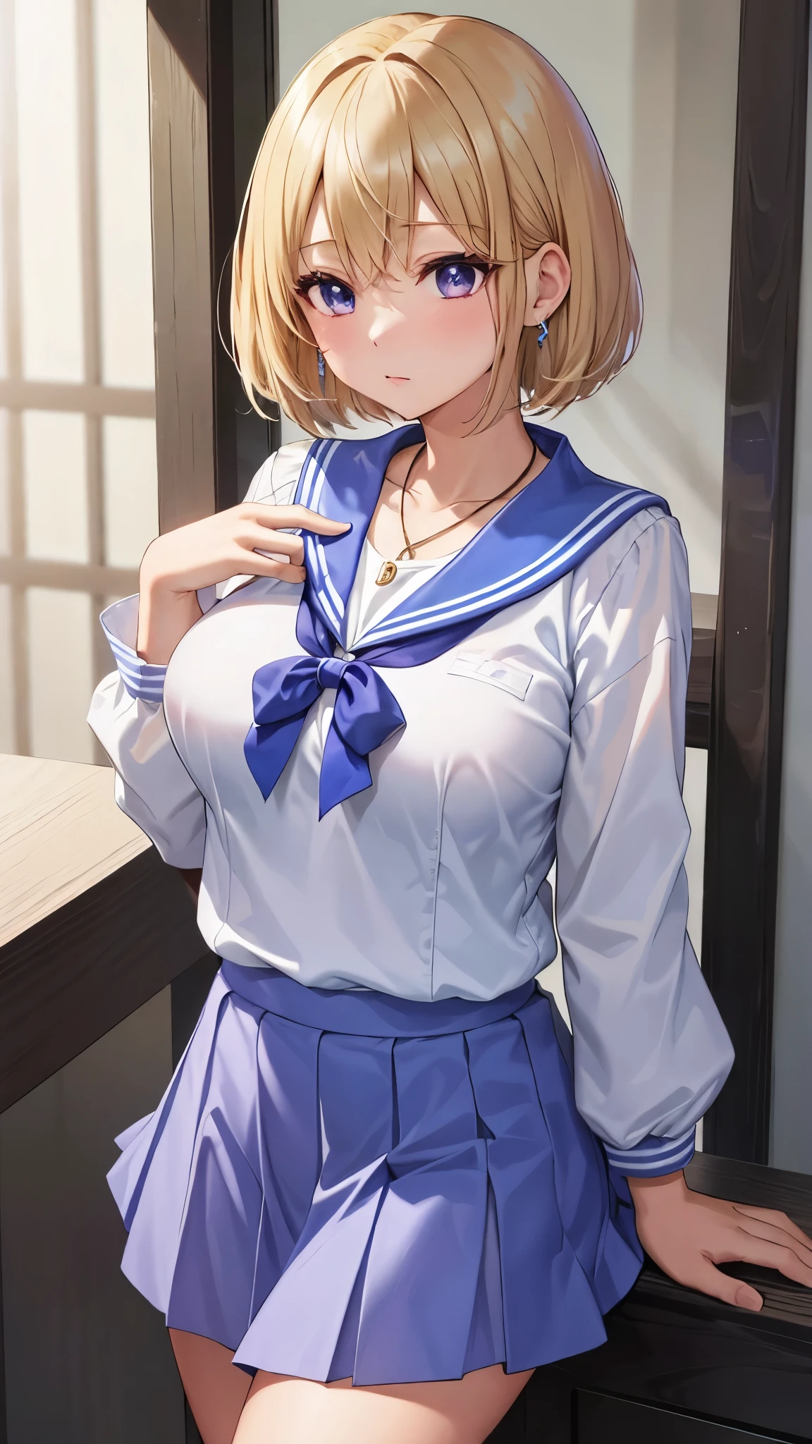 Umino Yuki 、 masterpiece ,  best quality、  best quality,(8k resolution),Beauty、(  looks like an adult), （  Sexy Perfect Style  ）、( Big Breasts )、  blonde bob cut、(White and blue sailor suit)、(  blue skirt)、(( Bring your chest closer ))、  purple eyes、 purple earrings 、Purple Necklace