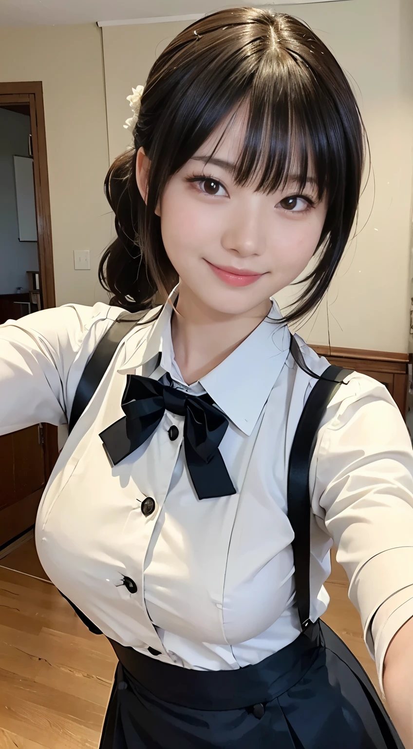 (highest quality,masterpiece:1.3,ultra high resolution,),(Super detailed,caustics),(Photoreal:1.4,RAW shooting,)ultra-realistic capture,very detailed,High resolution 16K human skin close-up。 natural skin texture、,The pores are、、、、Must be detailed enough to be easily identified。 Skin should look even-toned and healthy。 Use natural light and color,restaurant,waitress uniform,1 girl,Japanese,18-year-old,cute,black haired,ponytail,big breasts,smile,turn your body forward,(Front view:1.1),look at the camera,cowboy shot,