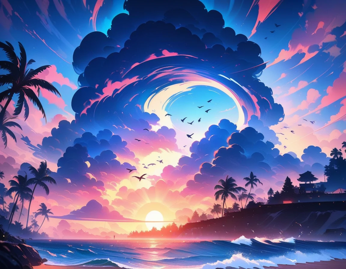 sunset, silhouette of many bird, bird silhouette coming from the sky, danger time , tsunami,beach, skies, shadow contrast, horizon line, bird adventure,(bob ross:1.33),painting,artistic (masterpiece, best quality, ultra detailed, 4k,)